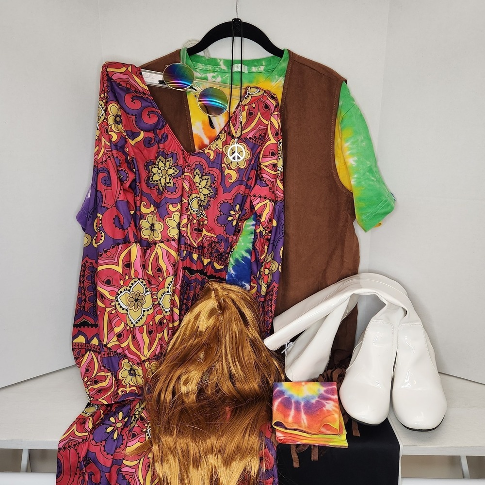 Couple Costume Leg Avenue Hippie Women's Dress S Gogo Girl & Mens T-Shirt M Vest